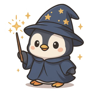cute penguin dressed as a wizard, holding a wand, sparkles around, cartoon style sticker