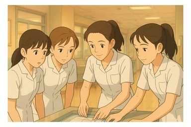 Ghibli scene of four nursing students wearing white short-sleeve uniforms with V-neck, no collar, no buttons, left chest pocket, bare arms, long hair tied back, working together, inspired by the faces from the attached photos. sticker