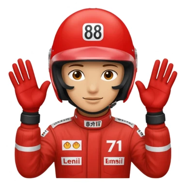 Person wearing red f1 helmet with hands saying 8 7 sticker