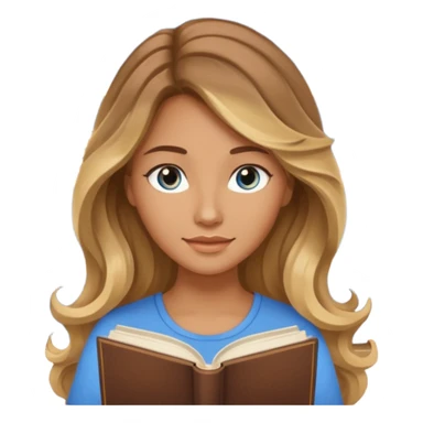 pretty female with long wavy brown hair with blonde highlights and blue eyes  in a relaxed position reading the book 'Rebecca' sticker