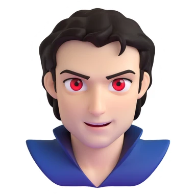 Damon Salvatore as a vampire with dark hair, blue eyes, fangs, mischievous expression, red eyes glowing slightly sticker