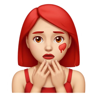 woman emoji with pained expression, cheeks and neck visibly red and irritated, hands touching face as if feeling burn after shaving sticker