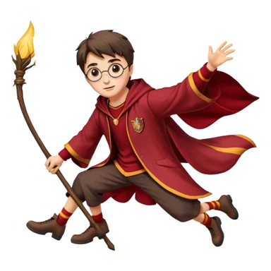 Cartoon-style illustration of Harry Potter flying on a broomstick, Gryffindor red and gold outfit, expressive face, dynamic motion, magical vibe, smooth shading, vibrant colors, no background, transparent background, isolated character. sticker