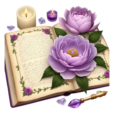 An antique botanical journal with golden-edged pages, filled with meticulously pressed lilac roses, ice violet peonies, and amethyst dahlias, lies open beneath the soft glow of candlelight, its delicate illustrations and handwritten notes whispering stories of forgotten gardens as a pearl butterfly gently perches on its weathered cover. sticker