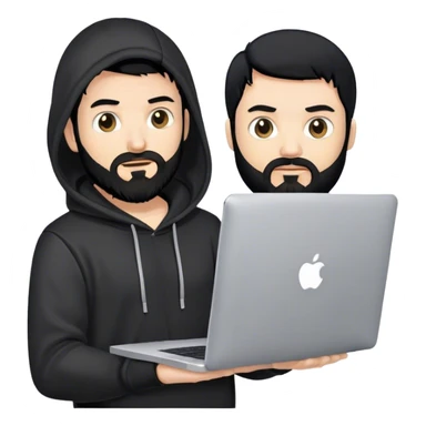hackeur blanc cheveux noir barbe et capuche noir avec un macbook sticker