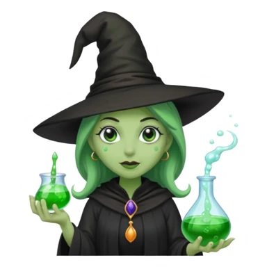 Witch with Green Skin – long-nosed witch in black hat holding potion sticker