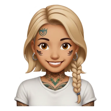 girl with face tattoos, smiling, wearing a shirt sticker