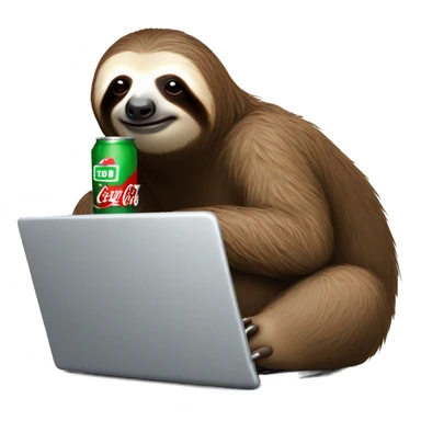 tired sloth with coca cola can and laptop sticker