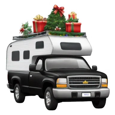 Black pickup truck with an camper attached with Christmas lights and decorations sticker