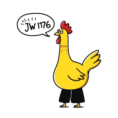shouting yellow long neck chicken with the words 'JW 1776' in a speech bubble sticker