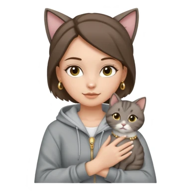 a white girl with brunette hair in a one single bun holding a grey cat. the girl has long lashes and has on a grey zip up that is half way zipped and has a hood and under a white shirt and gold jewelry that is gold bracelets. sticker