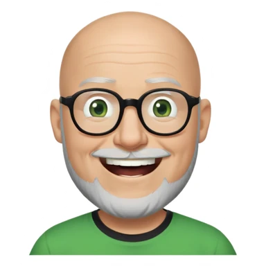 una imagen estilo pixar de un senor de mediana edad calvo con lentes gruegos negros de vista, con barba negra pero en la parte del mentòn canosa, con una playera negra, sus ojos con de color verde, y esta riendo sticker