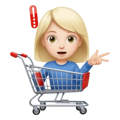 impulsive shopper: tiny face with excited eyes, finger on ‘buy’ button, small fast shopping cart with motion lines sticker