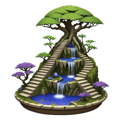 Alien saucer house jungle-vines stairway fountain mountain-island landscape antique mudman very old broken cracked intricate Stone Age lapis-crusted irregular dodecagon-shaped shallow dark moss rough bark violet serissa flowered maple tree bonsai pot sticker