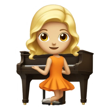 Blonde girl wearing an orange dress playing a brown upright piano sticker