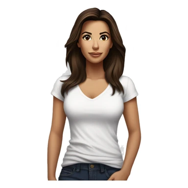 3/4 face, contrasted, shadow, light, Eva Longoria expression, standing from a distance, thin nose, brunette woman, hazel eyes, long eyelashes, dark shoulder shaded hair, white t-shirt, jeans, white sneakers sticker