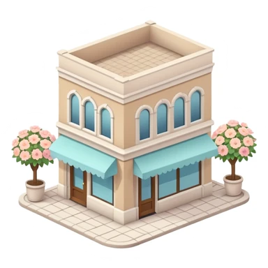 isometric exterior little beige and white shop with abundant pastel florals everywhere sticker