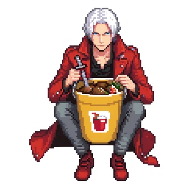 Dante from Devil May Cry sitting in a KFC bucket, red coat, white hair, rebellion sword sticker