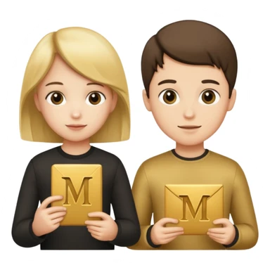 Create two letters, N and Y, in the shape of sisters. Create an image of a boy holding the letter N and a girl holding the letter M  sticker