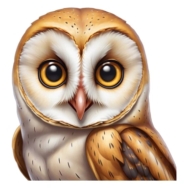 Cinematic Comical Barn Owl Portrait Emoji, Head tilted dramatically with an exaggeratedly amused expression, featuring a striking mottled plumage with bold contrasts, wide, expressive amber eyes filled with playful disbelief, Simplified yet hilariously expressive features, highly detailed, glowing with a slightly sassy glow, high shine, dramatic yet playful, stylized with an air of cheeky nocturnal mischief, bright and endearing, soft glowing outline, capturing the essence of a spirited and over-the-top owl, so meme-worthy it feels like it could hoot its way into internet fame instantly! sticker