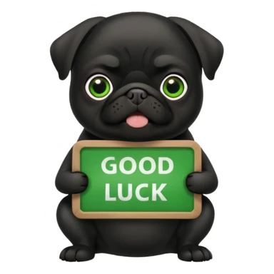 black pug holding a green sign with 'good luck' text sticker