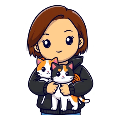 Light-skinned girl with brown straight hair wearing a black jacket, holding one pure white cat and one calico cat with orange black patches sticker