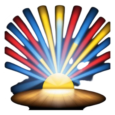 An emoji of stage lights shining brightly. Multiple spotlights in different colors (blue, yellow, red) angled towards a stage, creating a dramatic and concert-like atmosphere. Beams of light cutting through the darkness with a slight glow effect sticker