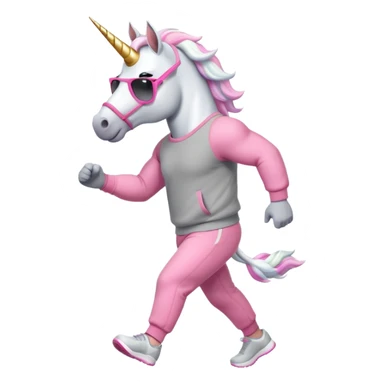 friendly anthropomorphised male white unicorn with a fit, chunky, muscular and strong physique, white arms and legs, wearing grey tracksuit pants and pink jumper, sunglasses, walking quickly sticker