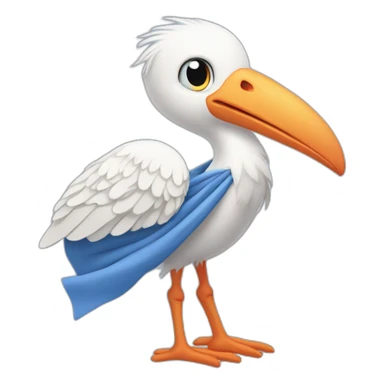 White stork carrying a blue bundle of cloth in its big beak that has a cute human person cute baby boy inside and his head is peeking from the fabric the strok is carrying in its beak sticker