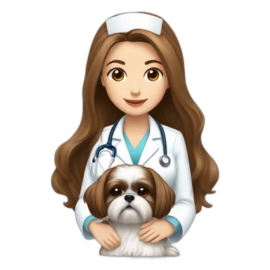 a girl nurse in long brown hair sits with a white and brown shih tzu sticker