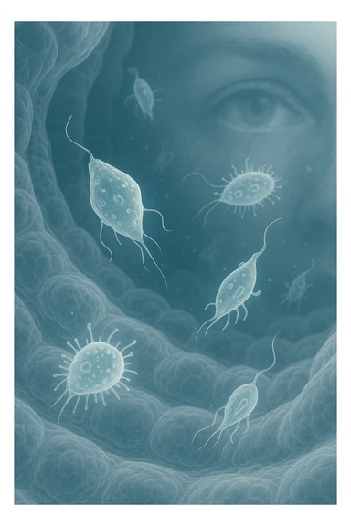 A detailed macro-style image of a translucent human intestinal wall under extreme magnification. Floating nearby are multiple protozoa — small, semi-transparent, shapeshifting organisms with flagella or cilia, glowing faintly under the microscope. In contrast, a faded overlay silhouette of a human eye is shown in the background, symbolizing how these organisms are invisible to unaided vision. The scene is softly lit with cool bluish tones, evoking a clinical and microscopic atmosphere. Focus is hyper-sharp on the protozoa, with blurred organic tissue textures in the background. Educational yet haunting, it shows how much remains unseen inside the body sticker