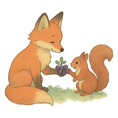 fox and squirrel sharing berries, forest friendship scene, soft pastel colors, ghibli style sticker
