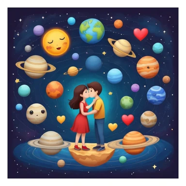 Solar system with heart-shaped planets and couples kissing, cute characters embracing on different planets, colorful cosmic scene sticker