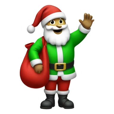 Santa Claus in a green suit and hat waving with his left hand holding a red sack over his right shoulder sticker