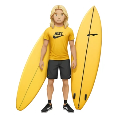 Man Surfer surfing with long blond hair, yellow t-shirt with black Nike logo in center of chest, black baggy sweatpants. On a yellow and white board sticker