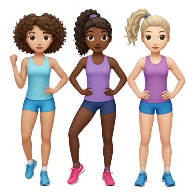 three women friends exercising together, one black woman with curly brown hair, one pale white woman with curly brown hair, and one white woman with straight brown hair in a ponytail positioned on the right sticker