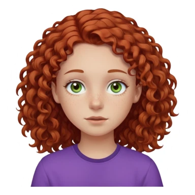 pale white teen girl with light blueish green eyes and freckles with brownish red curly middle part hair and purple shirt sticker