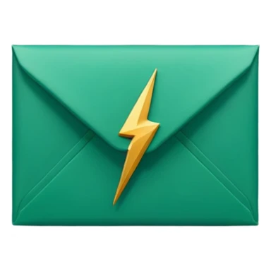 3D minimal envelope icon with small lightning bolt accent, matte finish, deep green (#0B3D2C), gold (#C9B037) lightning, Apple style, ultra minimal, soft shadow, transparent background sticker