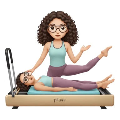 Memoji-style girl with long dark brown curly hair, round glasses, large brown eyes, soft rounded face,makeup, warm beige skin tone, wearing Pilates activewear performing Pilates and reformer Pilates exercises on a reformer machine, pastel color palette, smooth soft shading,latino sticker