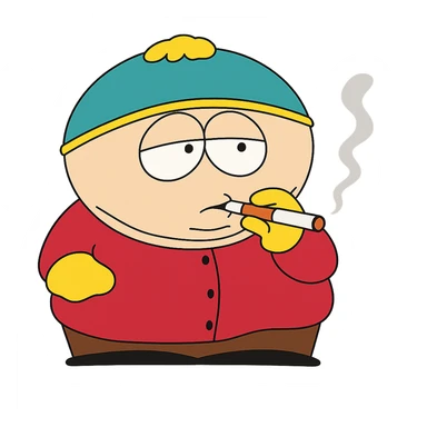 flat toon style Eric Cartman from South Park smoking, no background sticker