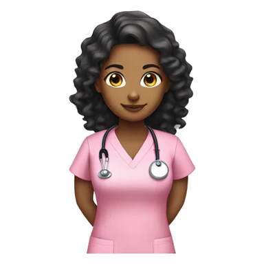 Light brown girl with long curly black hair wearing pink scrubs nurse sticker