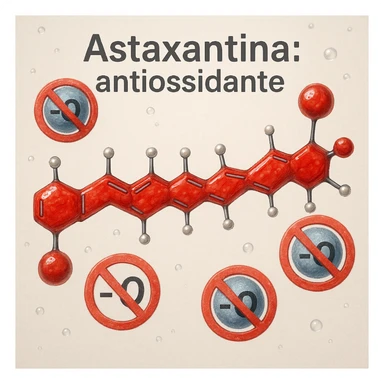 hyper realistic red astaxanthin molecule neutralizing free radicals, blocking radical symbols, scientific atmosphere, light background, text 'Astaxantina: antiossidante' sticker