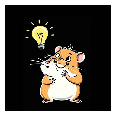 unique, colorful, mature, modern, highly realistic hamster with cool glasses, thinking about an idea with a lightbulb above its head, hand-drawn look, solid black background sticker