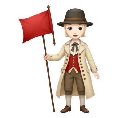 full body 18th century protester, period clothing, hat, holding a banner, expressive face sticker