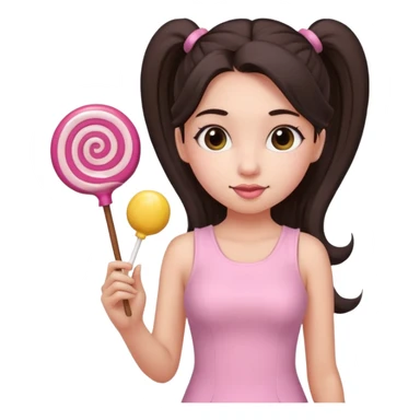 Girl with long dark ponytails wearing light pink bodycon dress holding a lollipop sticker