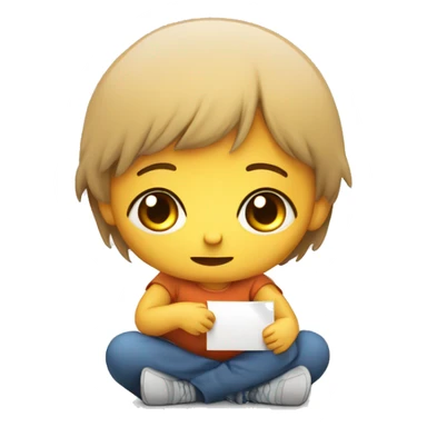 Design an emoji of a sad young child sitting on the ground, holding a sign that says "Help." The child should have basic features, with a vulnerable expression and a simple, relatable look. sticker