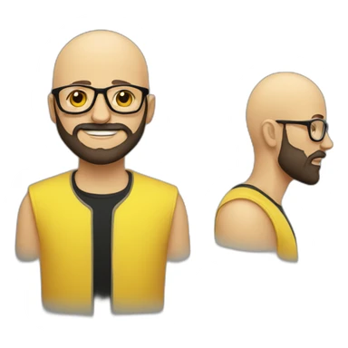 A bald man wearing yellow transparent fashionable glasses, a man with black beard sticker