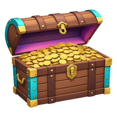 wooden brown treasure chest filled with coins pack in gradient of turquoise, blue, pink, purple, and coral sticker