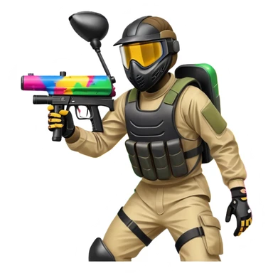 A dynamic scene of a player in action, holding a paintball gun and wearing protective gear. The background shows a vibrant paintball field with obstacles, colorful splatters of paint in the air, and an intense, competitive atmosphere. sticker