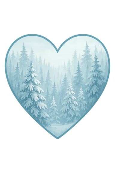 heart with a frosty pine forest, clean digital illustration sticker